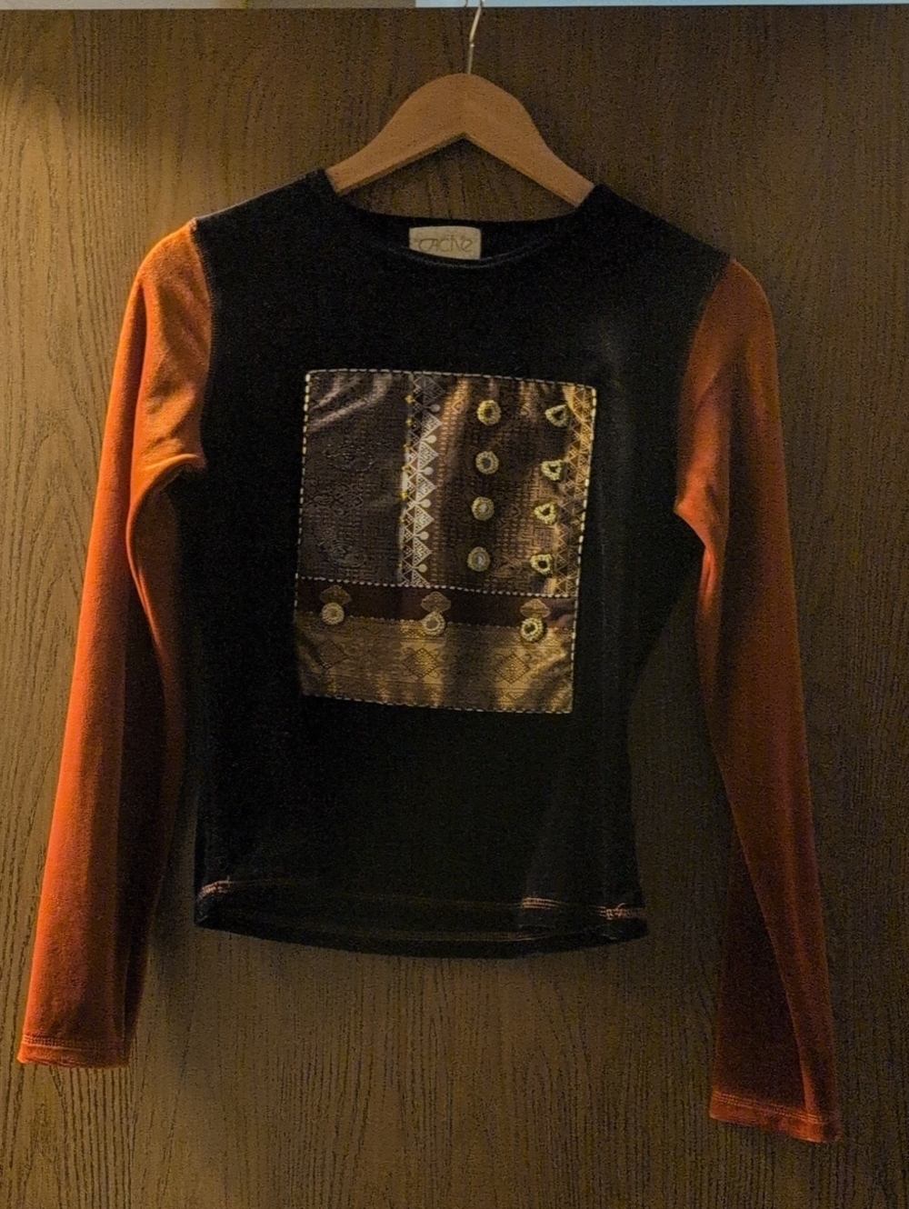 Cache Vintage Black Long Sleeve Top with Rust Sleeves and Patchwork Panel